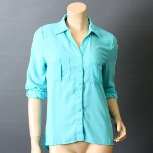 Oasis Blue Button Down Shirt Chiffon Womens Casual Summer Long Sleeve Top Blouse